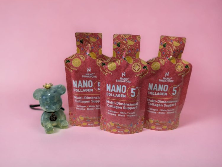 Collagen Revitalise Your Health Beauty From Within* 1 three bottles of nano 5 with a small teddy bear next to them