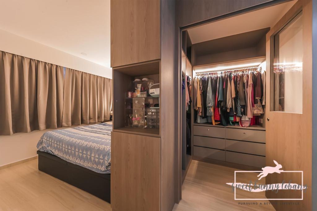 a room with a bed and closet