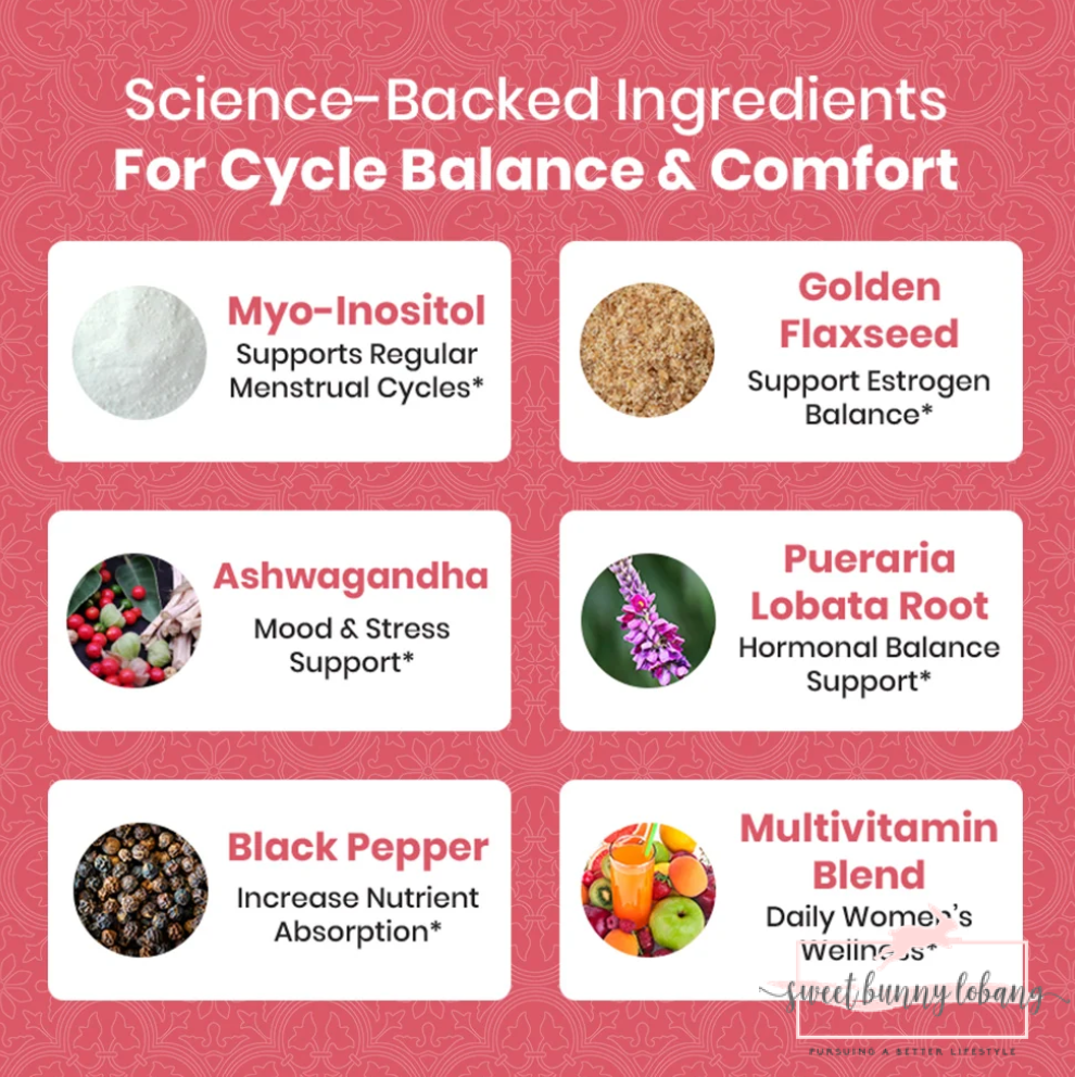 Nano Singapore Cycle Sync Wellness Melts Review* 4 Ingredients for Nano Singapore Cycle Sync Wellness Melts, promoting cycle balance and comfort through science-backed formulation.